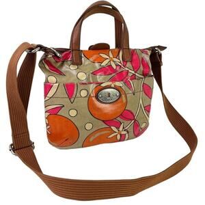 Fossil Key Per Waxed Canvas Orange Pink Leather Trim Crossbody Handbag Satchel